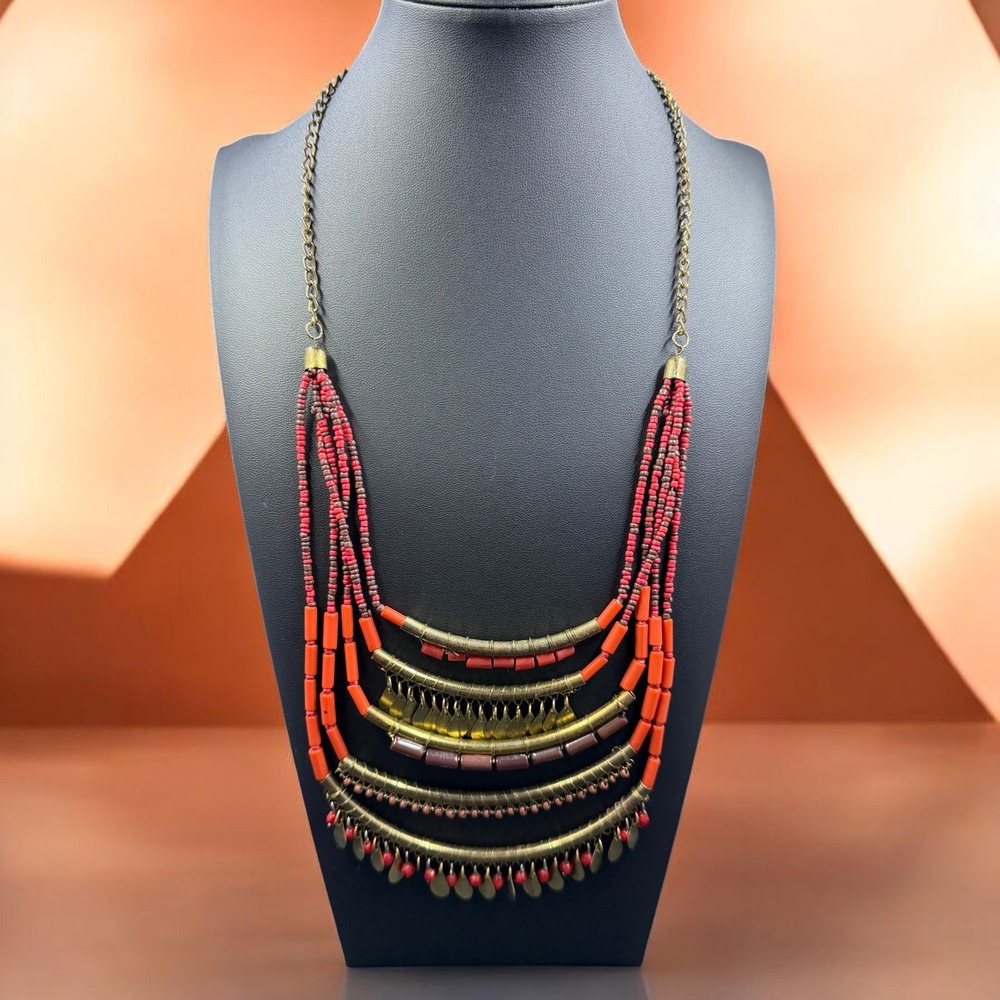 Boho Statement Layered Beaded Necklace Bronze Tribal Festival Bold Chic‎